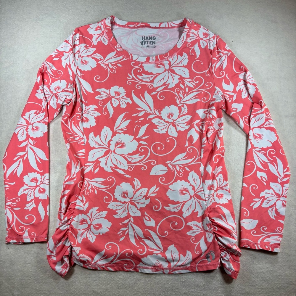 Hang Ten Women’s Long Sleeve Pink Floral Print Rash Guard Wicking Top Size XL